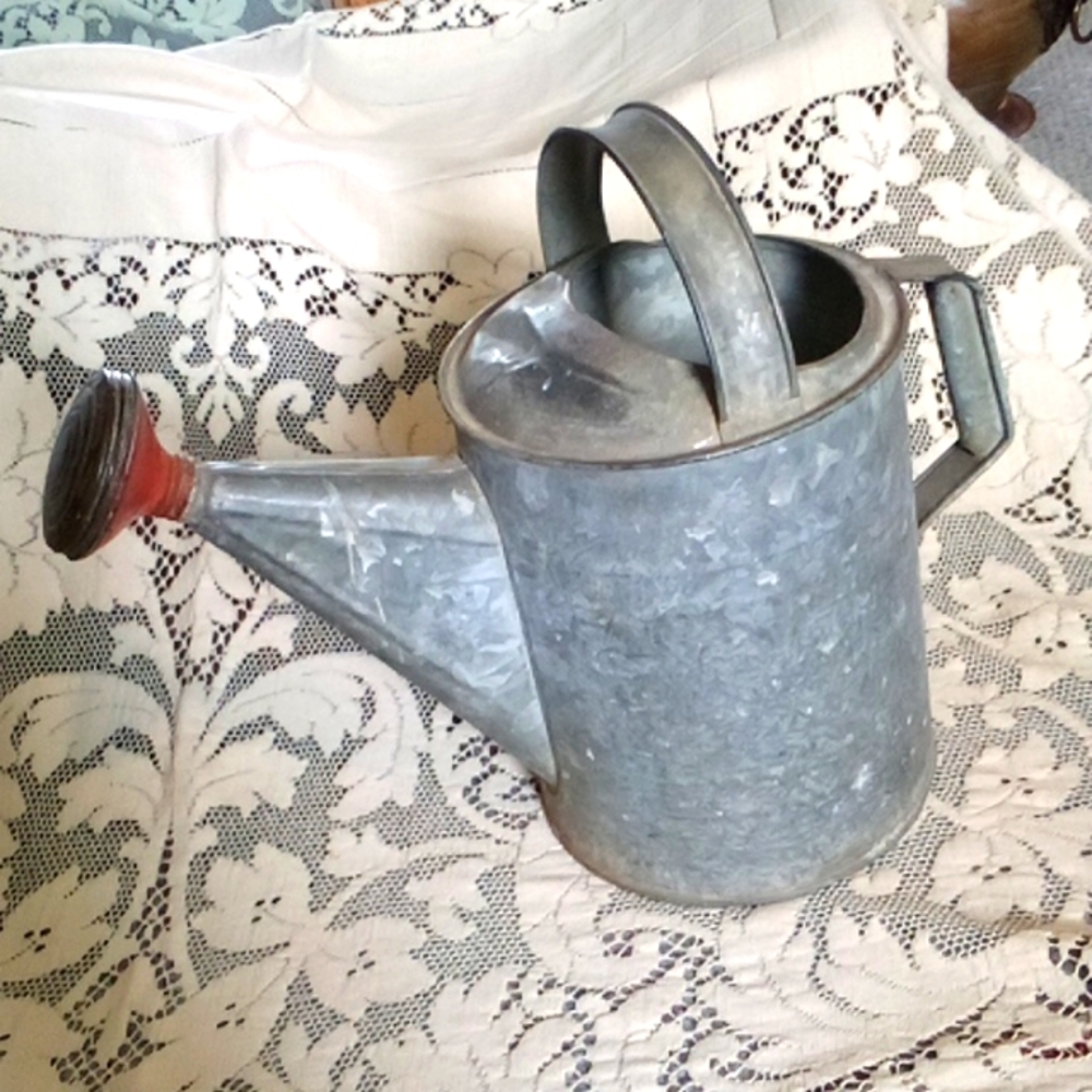 Galvanized tin watering can circa 1940 small dent on top, 2 gallon 16"